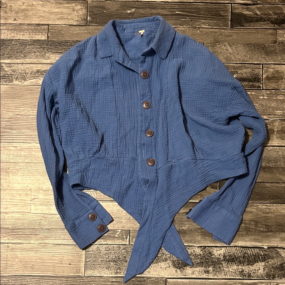 Free People Textured Blue Button-Down Shirt